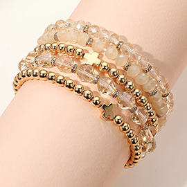 5PCS - Metal Cross Accent Faceted Beaded Stretch Multi Layered Bracelets