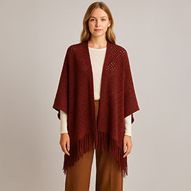 Fringe Open Knit Crochet Draped Shawl Wrap Ruana Poncho
