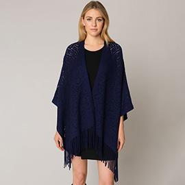 Fringe Open Knit Crochet Draped Shawl Wrap Ruana Poncho