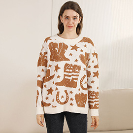 Western Pattern Crew Neck Sweater