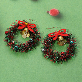 Bow Bell Christmas Tinsel Wreath Dangle Earrings