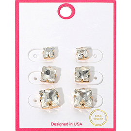 3Pairs - Gold Dipped Graduated Size Square Crystal Stud Earring Set