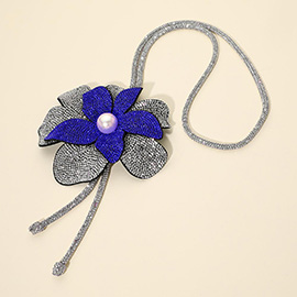 Pearl Centered Bling Studded Flower Pointed Bolo Tie Necklace