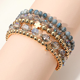 5PCS - Metal Cross Accent Faceted Beaded Stretch Multi Layered Bracelets