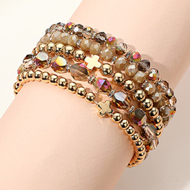 5PCS - Metal Cross Accent Faceted Beaded Stretch Multi Layered Bracelets