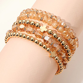 5PCS - Metal Cross Accent Faceted Beaded Stretch Multi Layered Bracelets