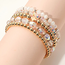5PCS - Metal Cross Accent Faceted Beaded Stretch Multi Layered Bracelets