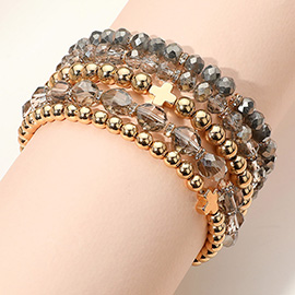 5PCS - Metal Cross Accent Faceted Beaded Stretch Multi Layered Bracelets