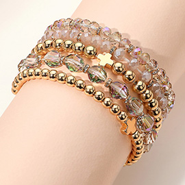 5PCS - Metal Cross Accent Faceted Beaded Stretch Multi Layered Bracelets