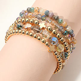 5PCS - Metal Cross Accent Faceted Beaded Stretch Multi Layered Bracelets