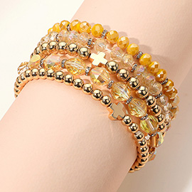 5PCS - Metal Cross Accent Faceted Beaded Stretch Multi Layered Bracelets