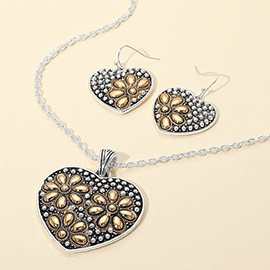 Floral Metal Embossed Boho Heart Pendant Necklace
