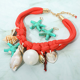 Bold Starfish Seashell Pearl Charm Embellished Chunky Fabric Thread Statement Necklace