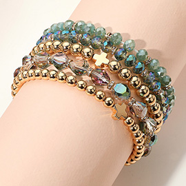 5PCS - Metal Cross Accent Faceted Beaded Stretch Multi Layered Bracelets