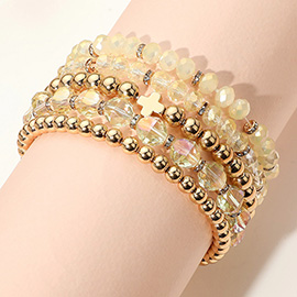 5PCS - Metal Cross Accent Faceted Beaded Stretch Multi Layered Bracelets