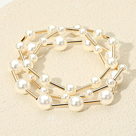 3PCS - Pearl Metal Bar Beaded Stretch Multi Layered Bracelets