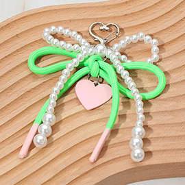 Heart Charm Dangle Double Pearl Beaded Loop Bow Keychain / Bag Charm