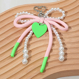 Heart Charm Dangle Double Pearl Beaded Loop Bow Keychain / Bag Charm