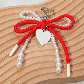 Heart Charm Dangle Double Pearl Beaded Loop Bow Keychain / Bag Charm