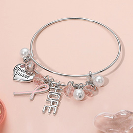 HOPE Heart Special Sister Pink Ribbon Pearl Faceted Bead Charm Bangle Bracelet
