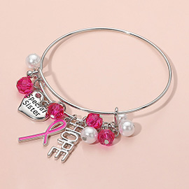 HOPE Heart Special Sister Pink Ribbon Pearl Faceted Bead Charm Bangle Bracelet