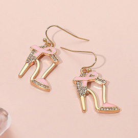 Pink Ribbon Accent Rhinestone Paved High Heel Dangle Earrings