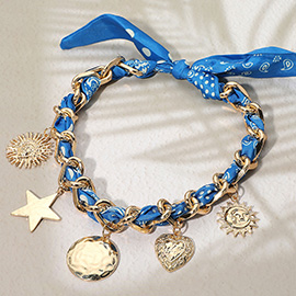 Hammered Medal Star Heart Sun Charm Bandana Fabric Chain Necklace