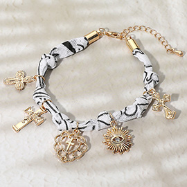 Cross Heart Evil Eye Charm Embellished Scarf Fabric Chain Bracelet