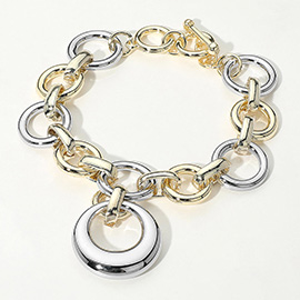 14K Gold Plated Two Tone Circle Charm Link Chain Toggle Bracelet