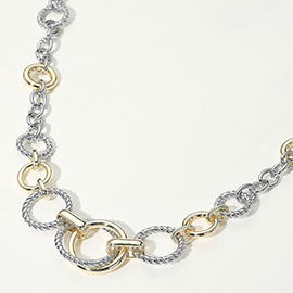 14K Gold Plated Two Tone Textured Ring Link Chunky Chain Necklace