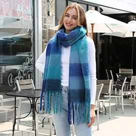 Soft Plaid Oblong Fringe Long Scarf