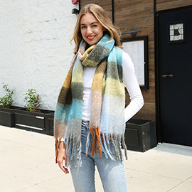 Soft Plaid Oblong Fringe Long Scarf