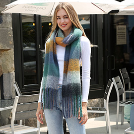 Soft Plaid Oblong Fringe Long Scarf