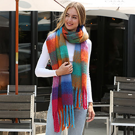 Soft Plaid Oblong Fringe Long Scarf