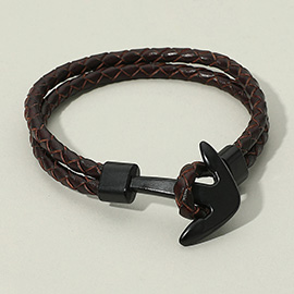 Mens Genuine Leather Braided Anchor Clasp Bracelet
