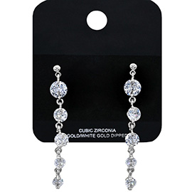 White Gold Dipped Round CZ Stone Cluster Long Drop Earrings