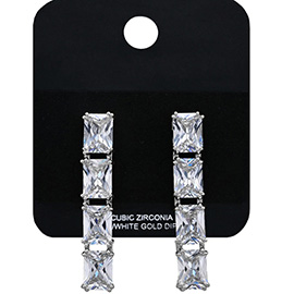 White Gold Dipped Rectangular CZ Stone Cluster Drop Earrings