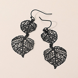 Metal Filigree Double Leaves Drop Dangle Earrings