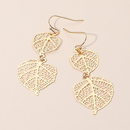 Metal Filigree Double Leaves Drop Dangle Earrings