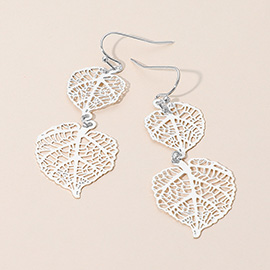 Metal Filigree Double Leaves Drop Dangle Earrings
