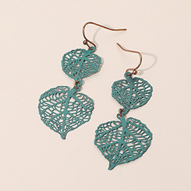 Metal Filigree Double Leaves Drop Dangle Earrings