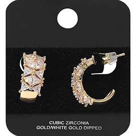 Gold Dipped Triangle Princess Cut CZ Stone Embellished Hoop Earrings