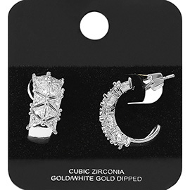 White Gold Dipped Triangle Princess Cut CZ Stone Embellished Hoop Earrings