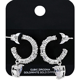 White Gold Dipped CZ Stone Heart Drop Hoop Earrings
