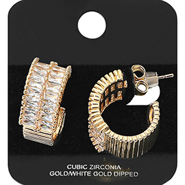 Gold Dipped Double Row Baguette Cut CZ Stone Hoop Earrings