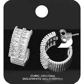 White Gold Dipped Double Row Baguette Cut CZ Stone Hoop Earrings