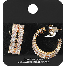 Gold Dipped Double Row Baguette CZ Stone Cluster Around Hoop Earrings