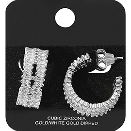 White Gold Dipped Double Row Baguette CZ Stone Cluster Around Hoop Earrings