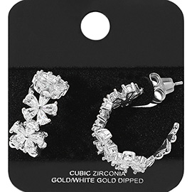 White Gold Dipped Floral CZ Stone Hoop Earrings