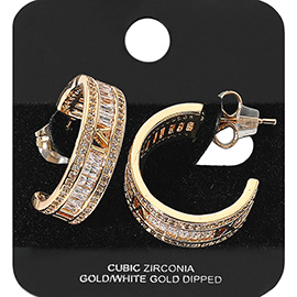 Gold Dipped Baguette Cut CZ Stone Hoop Earrings